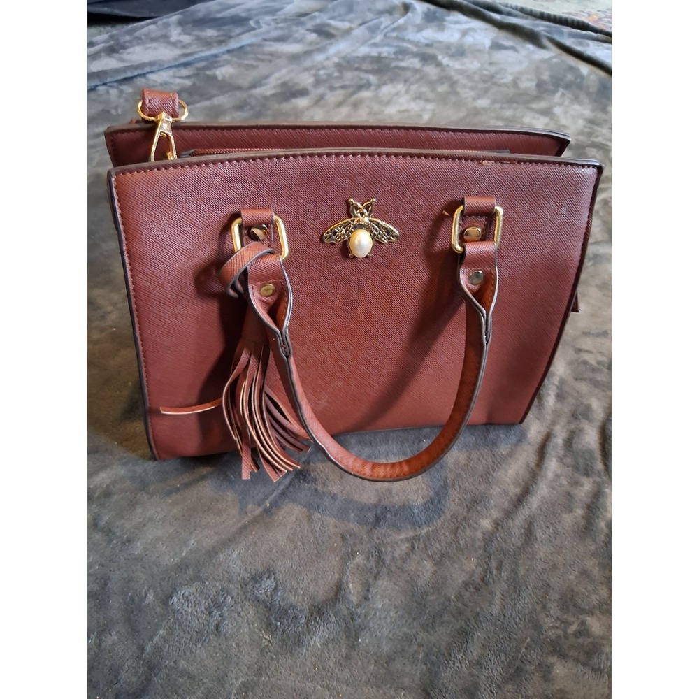 Brown Structured Satchel Bee Accent Tassel Gold Hardware Top Handle Shoulder Bag - Picture 3 of 16